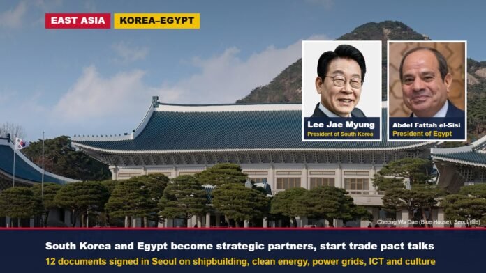 Cheong Wa Dae in Seoul with insets of President Lee Jae Myung and Egyptian President Abdel Fattah el-Sisi