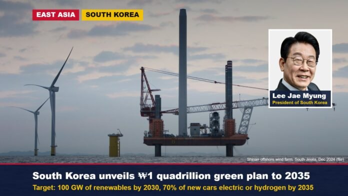 Offshore wind turbine installation off South Jeolla with inset of South Korean President Lee Jae Myung
