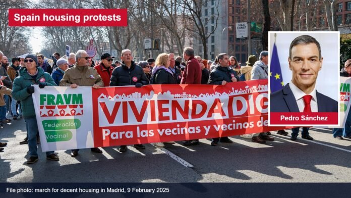 Spain housing protests Marchers carry a banner reading Vivienda Digna at a housing protest in Madrid, with an inset of Prime Minister Pedro Sánchez