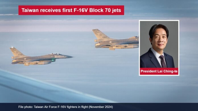 Taiwan receives first F-16V Block 70 jets Taiwan Air Force F-16V fighter jets in flight, with an inset of President Lai Ching-te