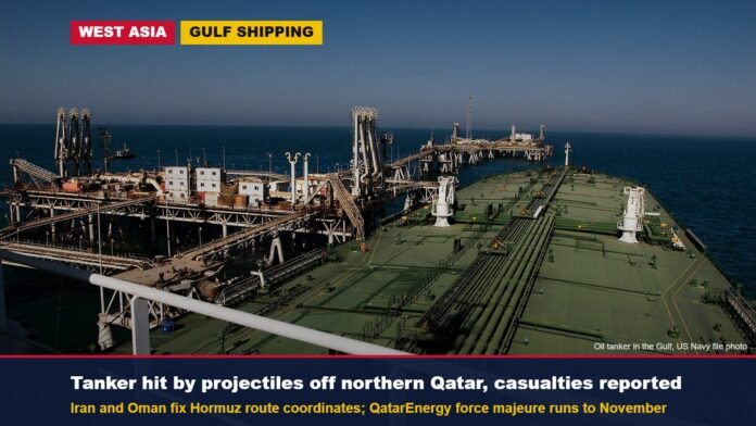 Tanker hit off northern Qatar Deck of an oil tanker at a Gulf oil terminal, file photo, with headline about a tanker hit by projectiles off northern Qatar