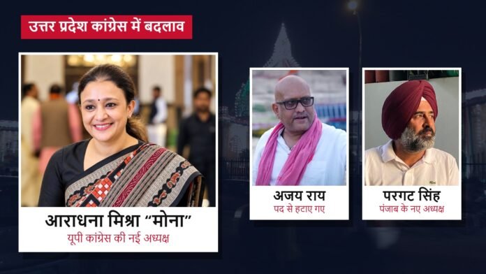 ग्राफिक में आराधना मिश्रा मोना, अजय राय और परगट सिंह की तस्वीरें, ऊपर लिखा है उत्तर प्रदेश कांग्रेस में बदलाव