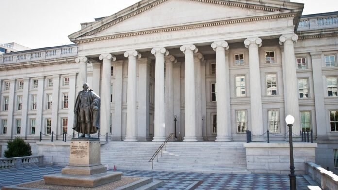 US Treasury building, Washington, DC The columned facade of the United States Treasury building in Washington, DC